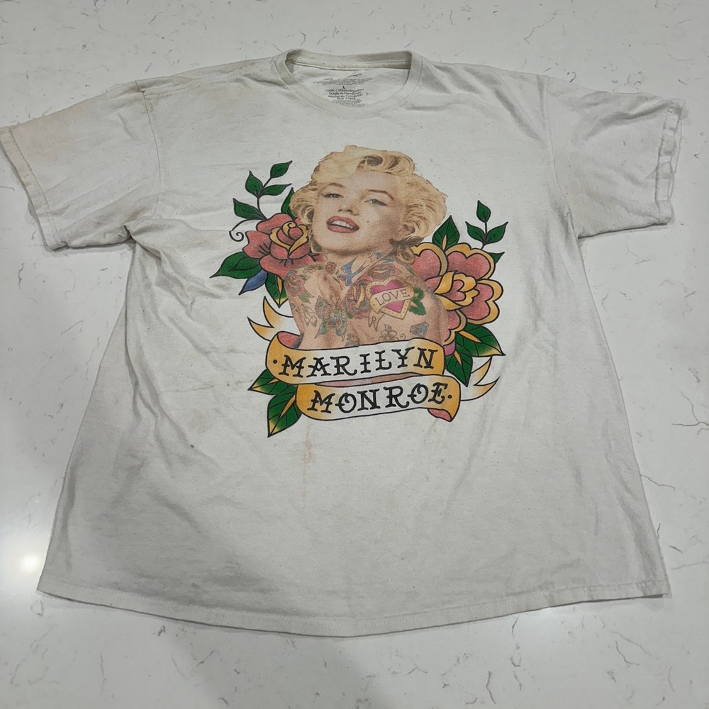Marilyn Monroe Tattoo Graphic T-Shirt White Mens Large Thrashed Stained T-Shirt